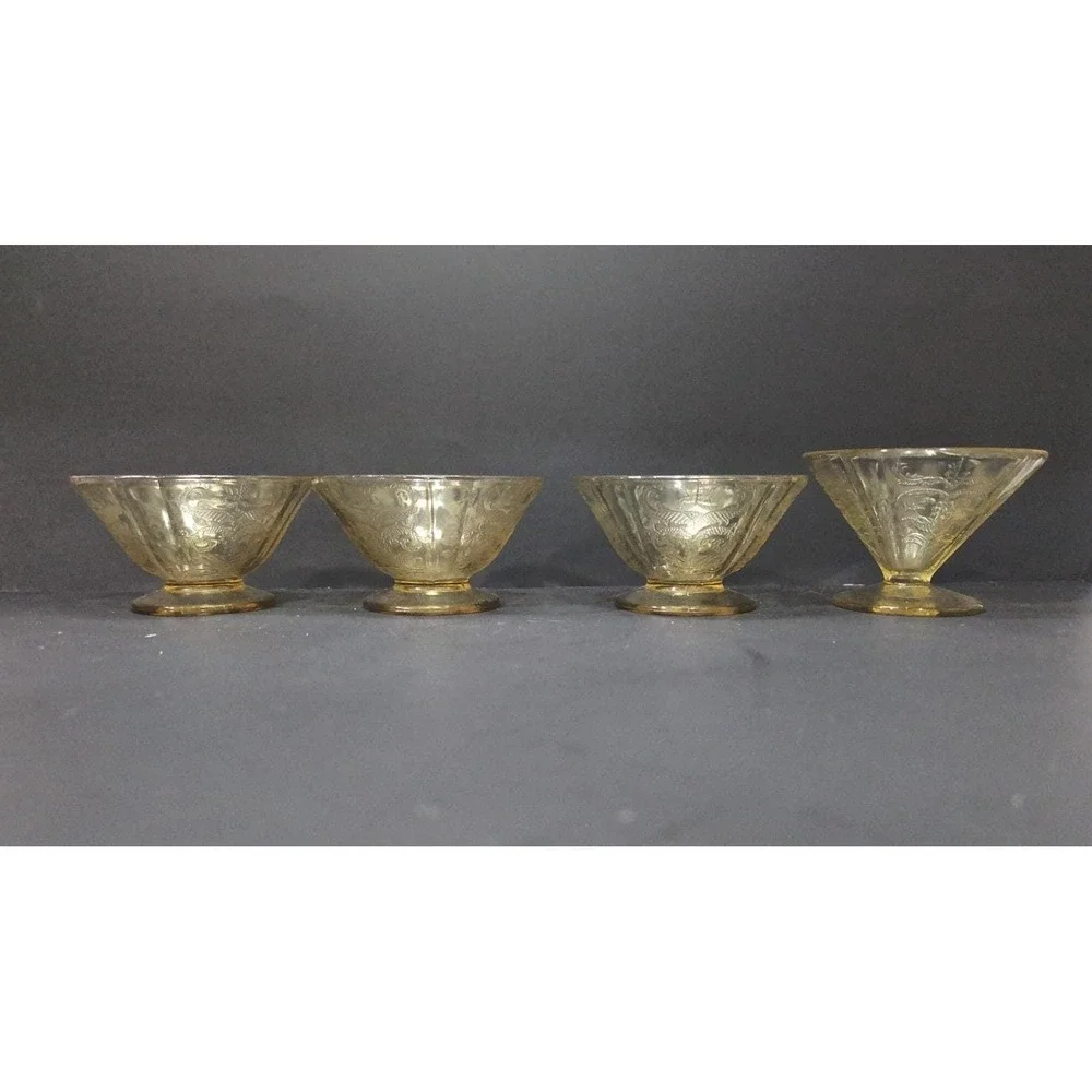 Federal‎ Glass Madrid Amber Sherbet Glasses, Set of 4, Vintage Etched Glassware